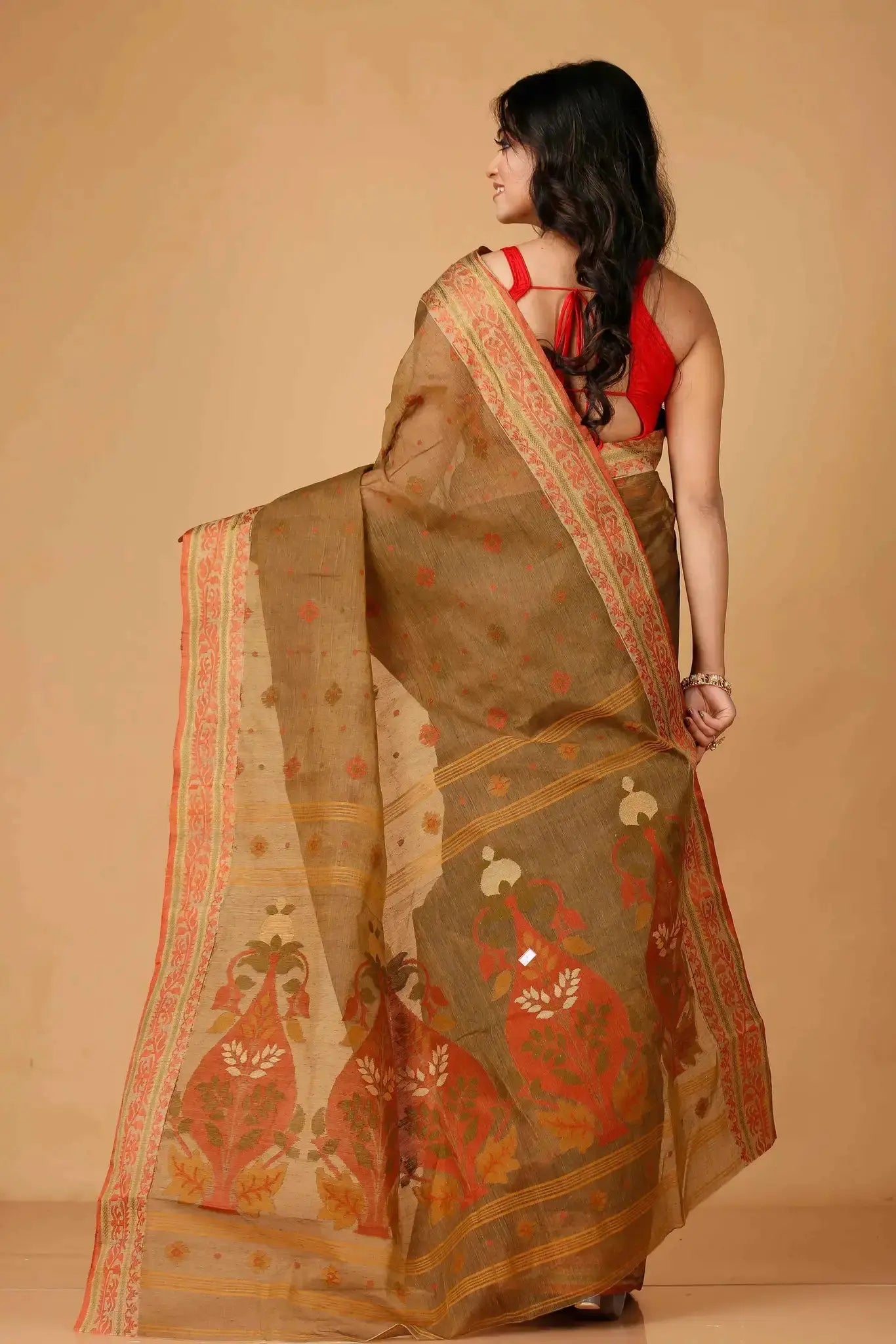 Coffee- Pure Cotton Bengal Handloom Traditional Handwoven Indian Saree
