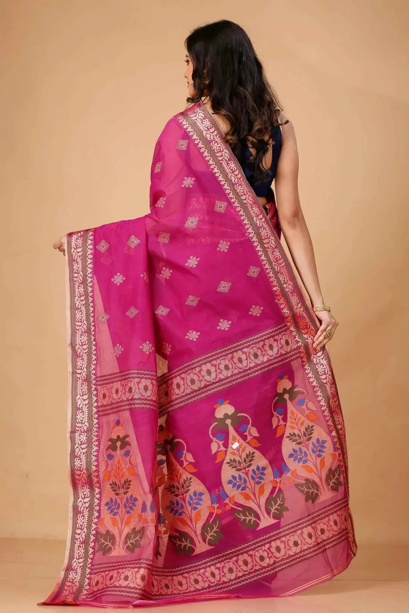 Purplish Red- Pure Cotton Bengal Handloom Traditional Handwoven Indian Saree
