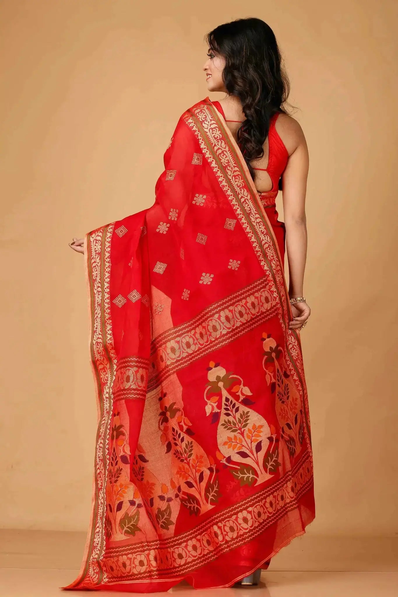 Lava Red- Traditional Handwoven Pure Cotton Bengal Handloom Indian Saree