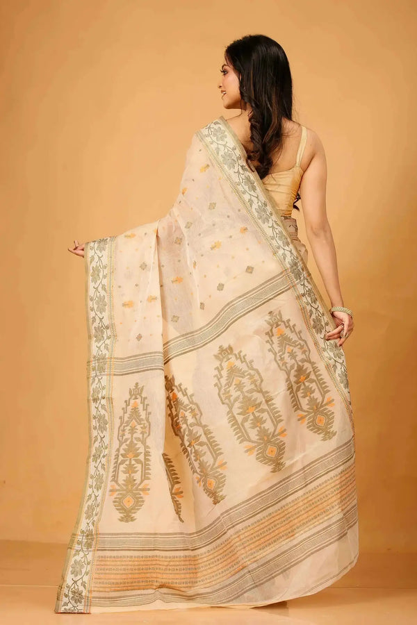 Rose Gold- Bengal Handloom Cotton Tant Saree With Traditional Motifs