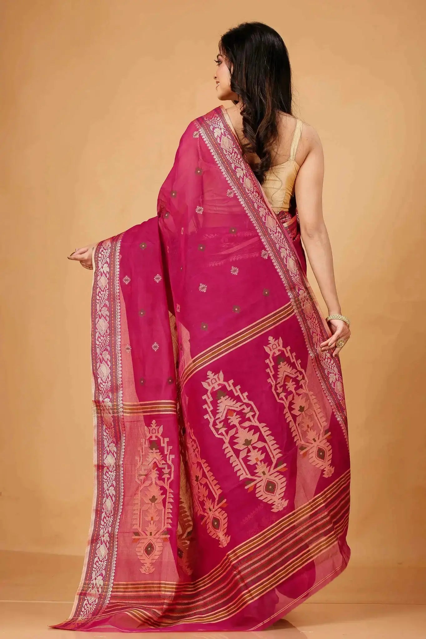 Rose Red- Bengal Handloom Cotton Tant Saree Traditional, Lightweight & Breathable