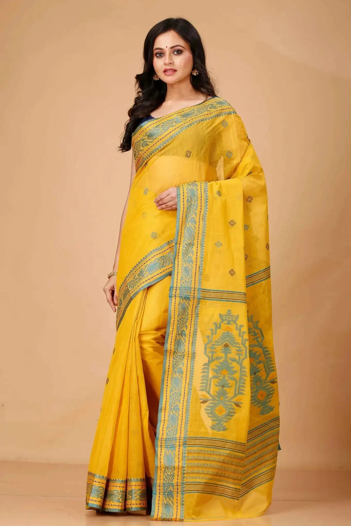 Golden- Bengal Handloom Traditional Tant Cotton Saree