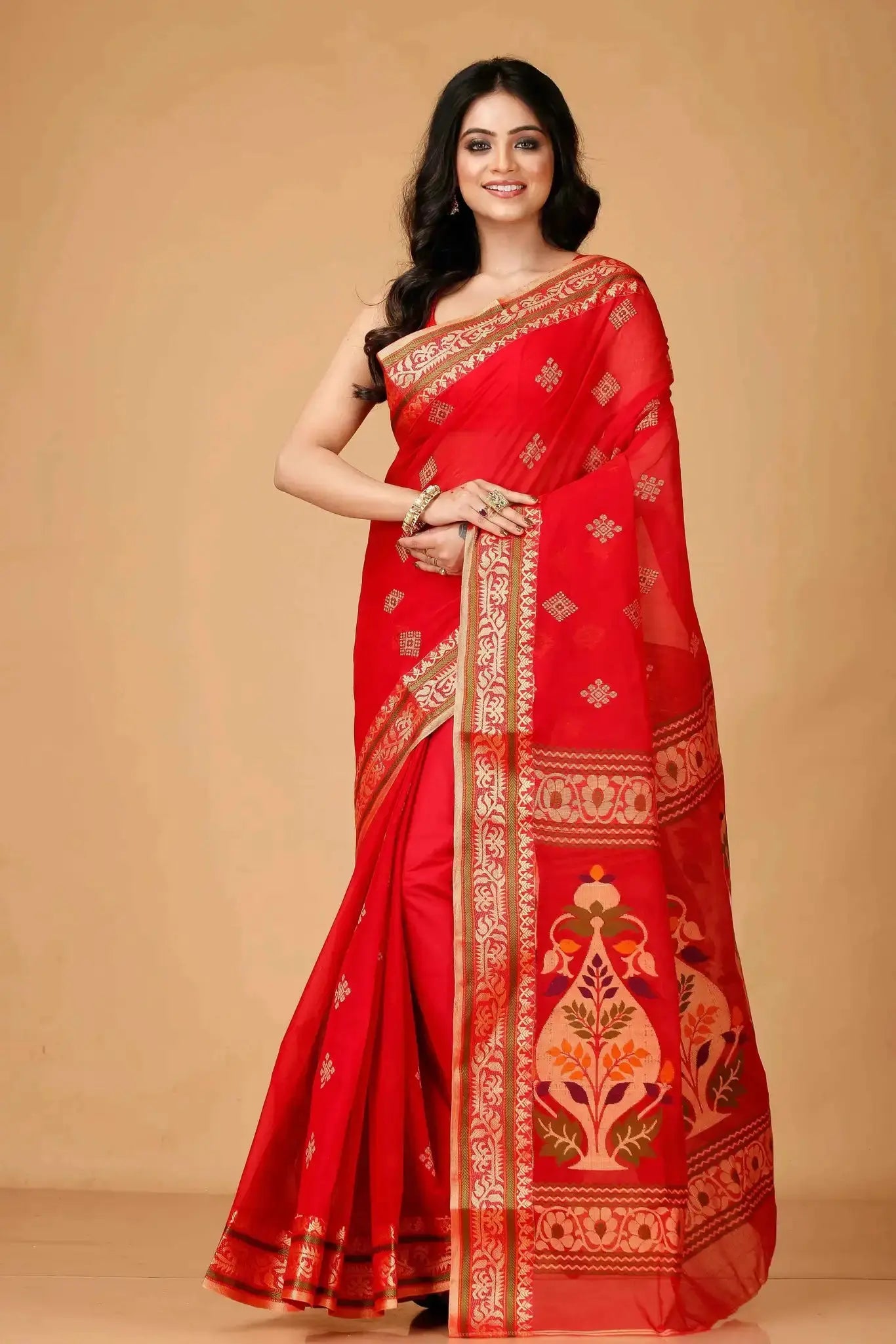 Lava Red- Traditional Handwoven Pure Cotton Bengal Handloom Indian Saree
