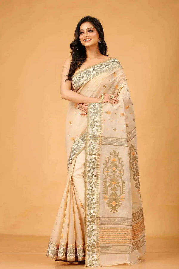 Rose Gold- Bengal Handloom Cotton Tant Saree With Traditional Motifs