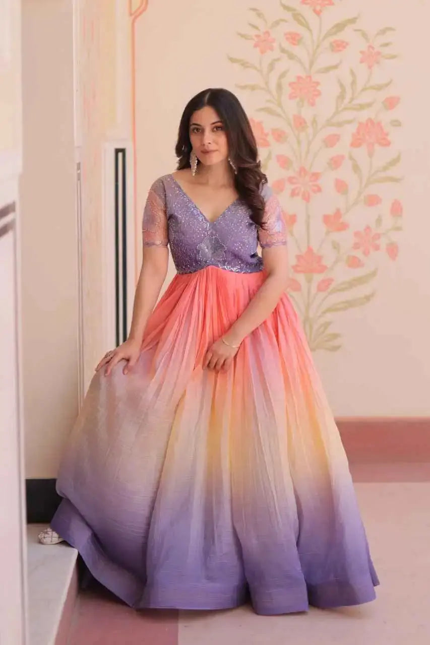 Designer Ombre Anarkali Gown with Embroidered Sequin Blouse – Ethnic Party Wear for Women