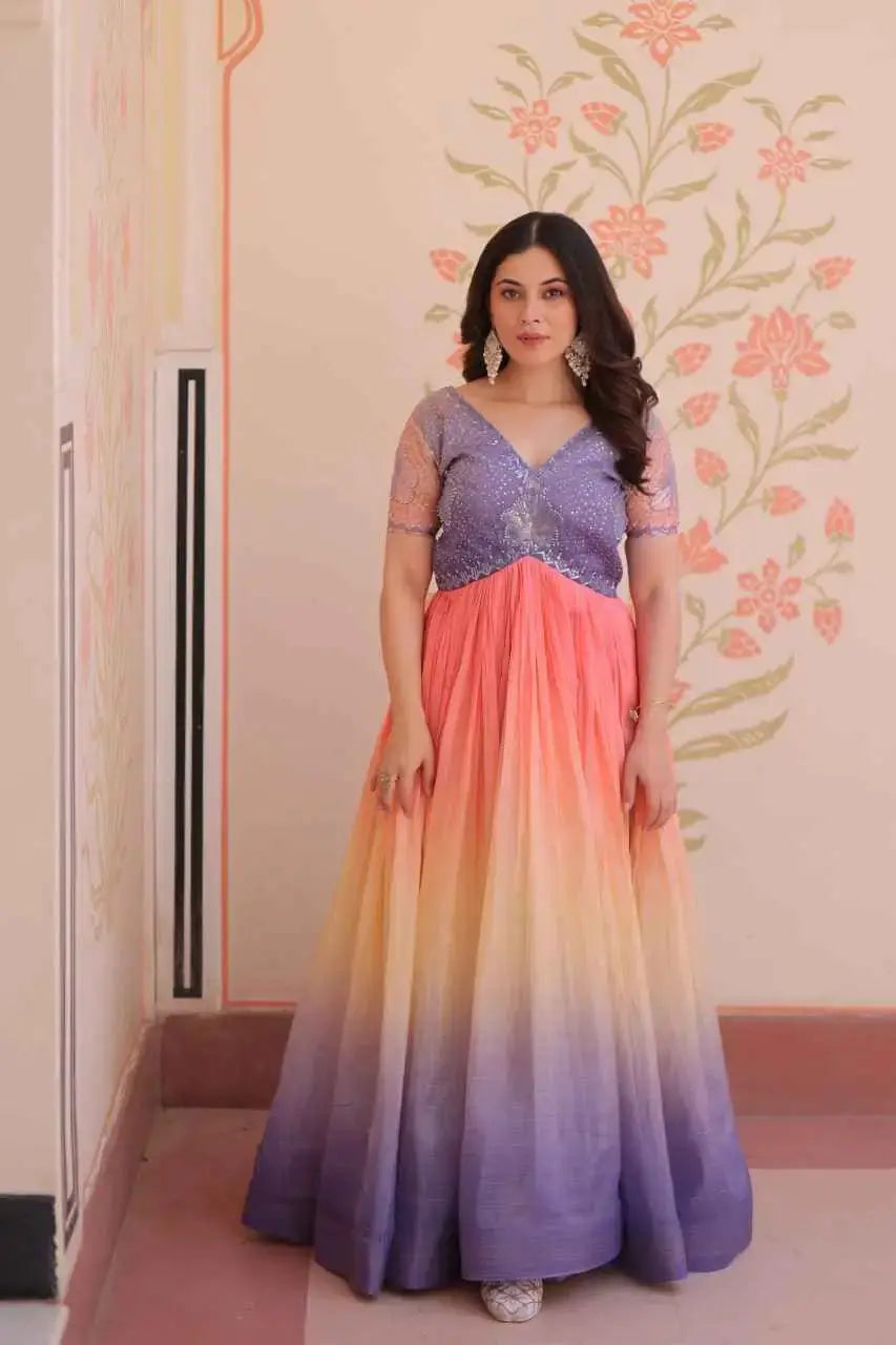 Designer Ombre Anarkali Gown with Embroidered Sequin Blouse – Ethnic Party Wear for Women