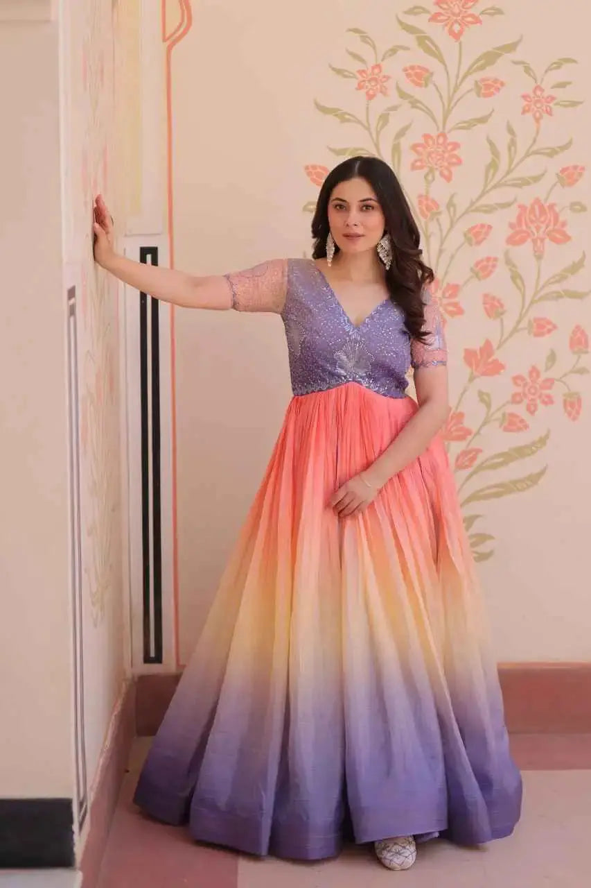 Designer Ombre Anarkali Gown with Embroidered Sequin Blouse – Ethnic Party Wear for Women