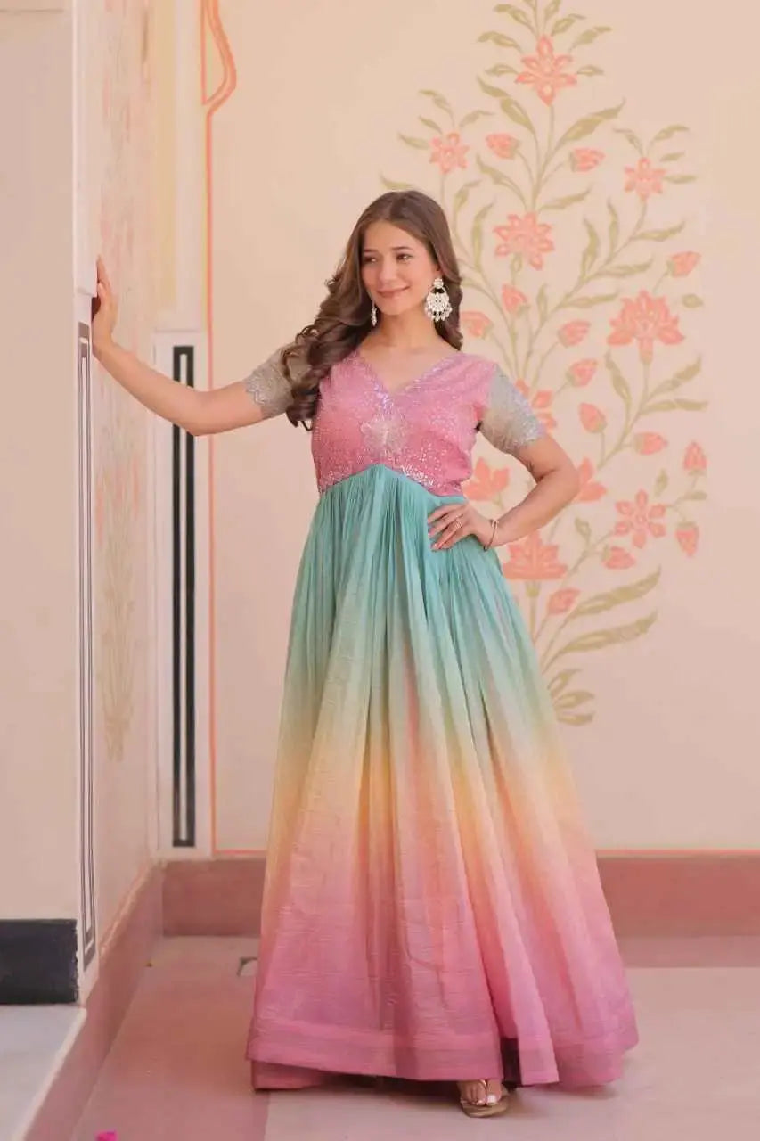 Stylish Indian Ethnic Gown for Women – Ombre Flair with Sequin Detailing