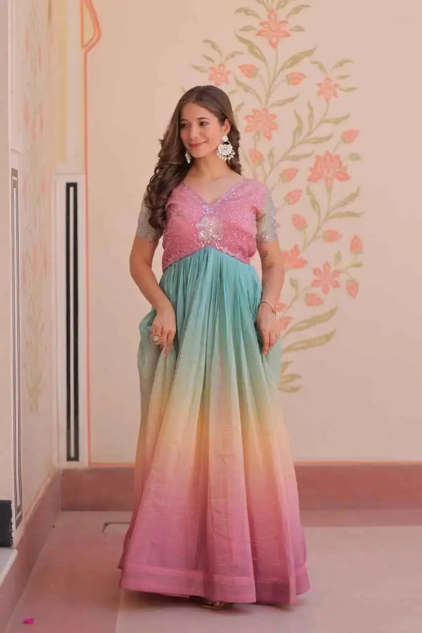 Stylish Indian Ethnic Gown for Women – Ombre Flair with Sequin Detailing