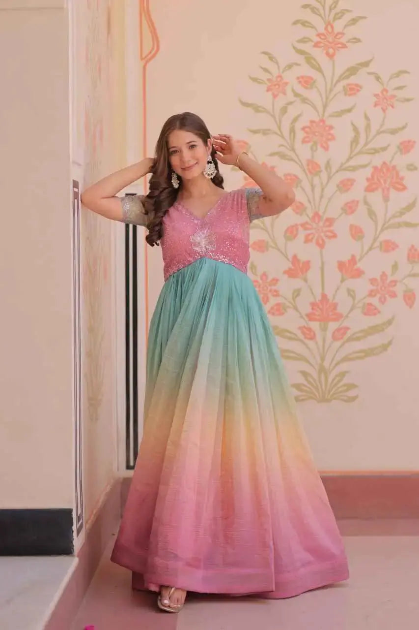 Stylish Indian Ethnic Gown for Women – Ombre Flair with Sequin Detailing
