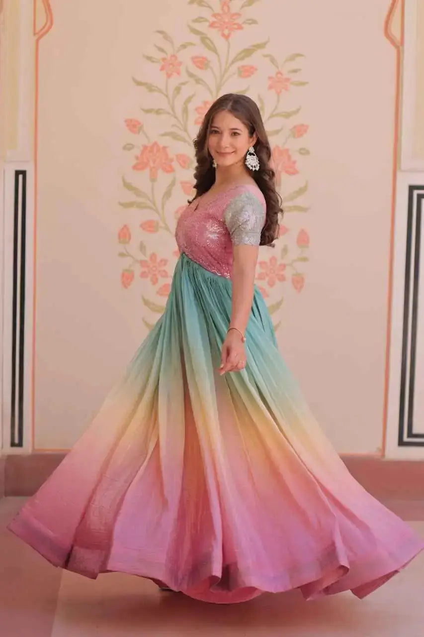 Stylish Indian Ethnic Gown for Women – Ombre Flair with Sequin Detailing