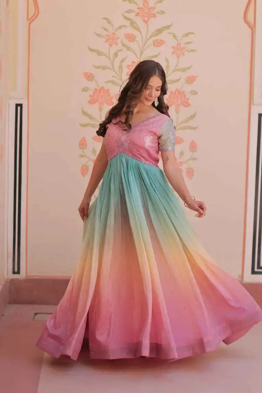 Stylish Indian Ethnic Gown for Women – Ombre Flair with Sequin Detailing