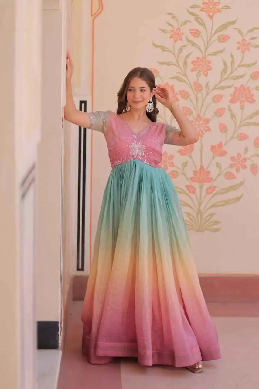 Stylish Indian Ethnic Gown for Women – Ombre Flair with Sequin Detailing