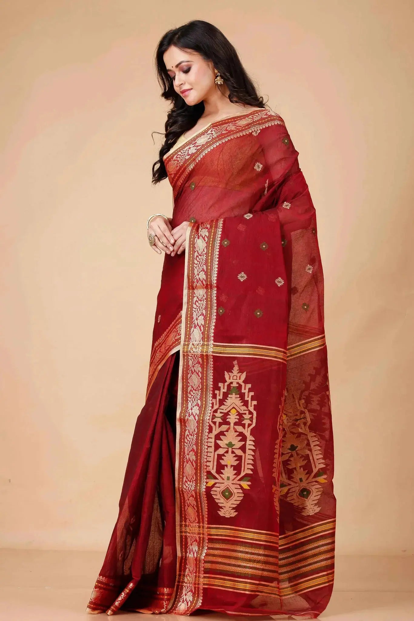 Chocolate Brown- Bengal Handloom Traditional Cotton Saree