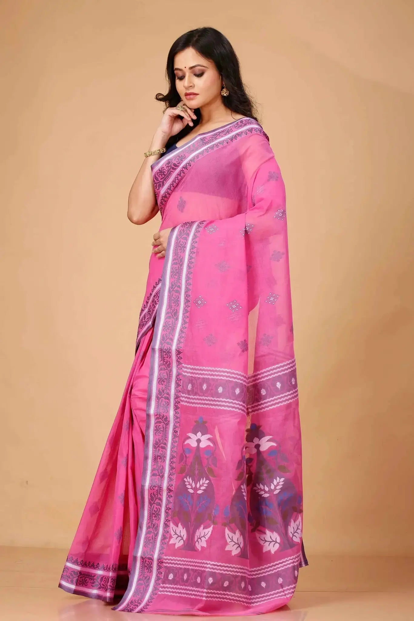 Cadillac Pink- Traditional Floral & Geometric Motifs Pure Cotton Bengal Handloom Saree