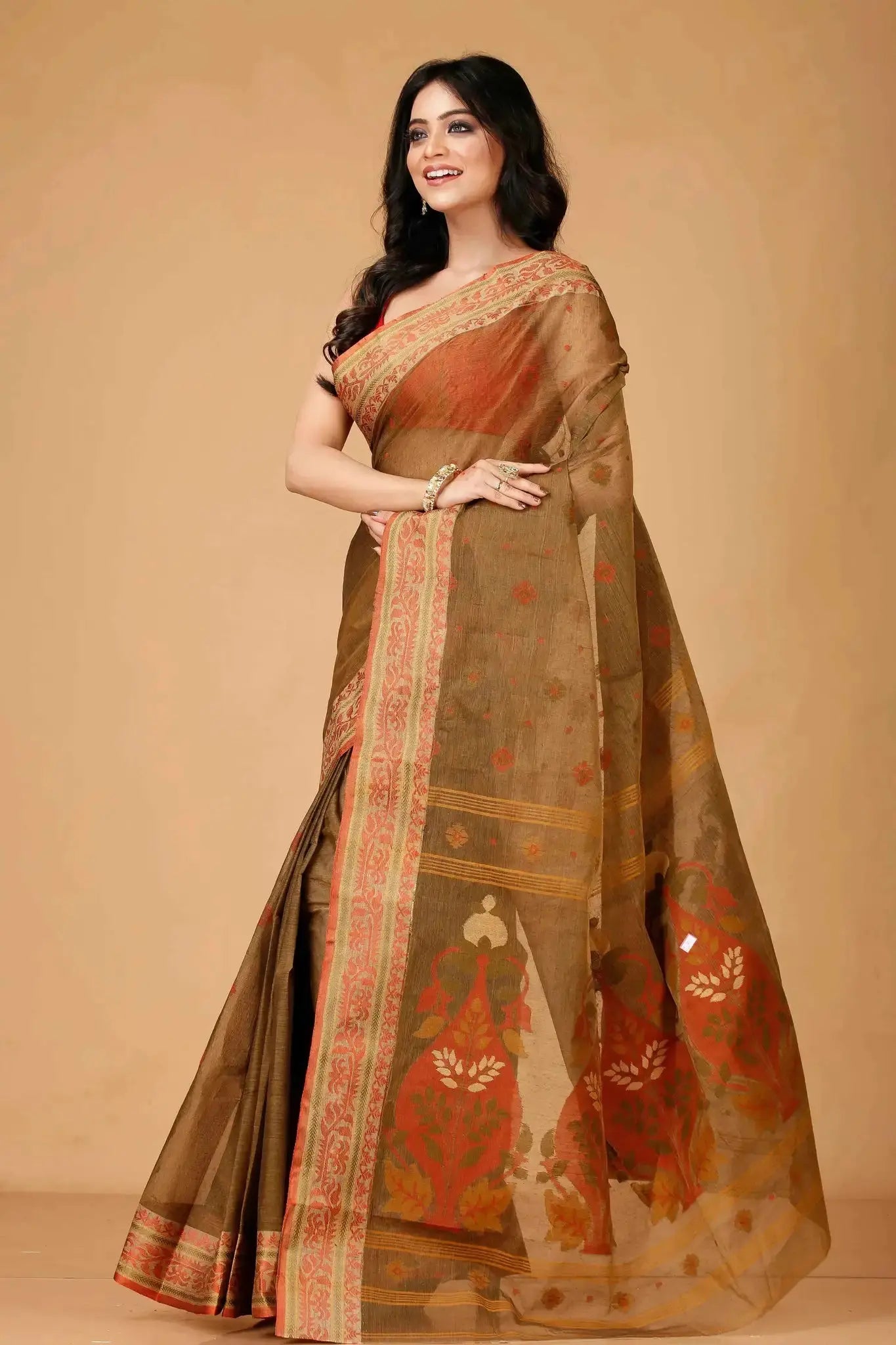 Coffee- Pure Cotton Bengal Handloom Traditional Handwoven Indian Saree