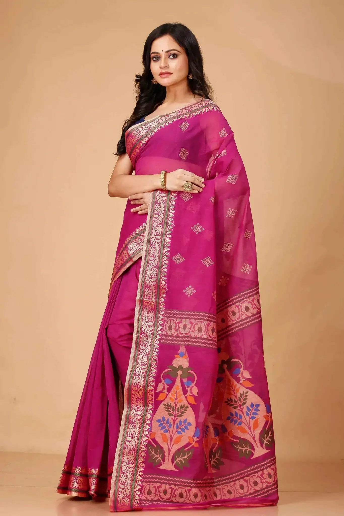 Purplish Red- Pure Cotton Bengal Handloom Traditional Handwoven Indian Saree