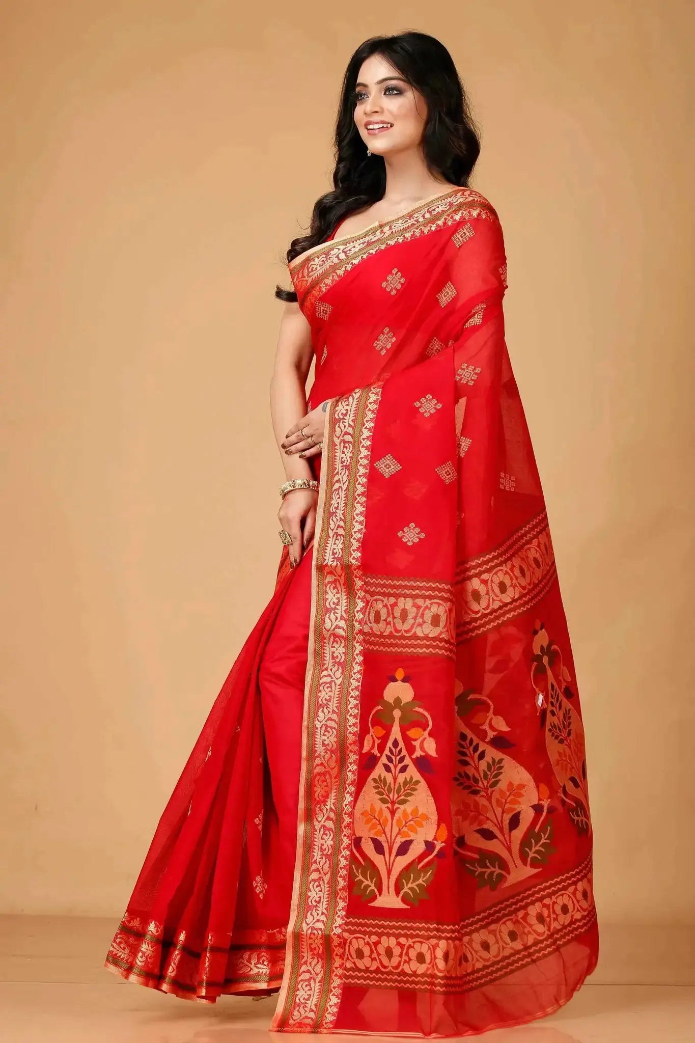 Lava Red- Traditional Handwoven Pure Cotton Bengal Handloom Indian Saree