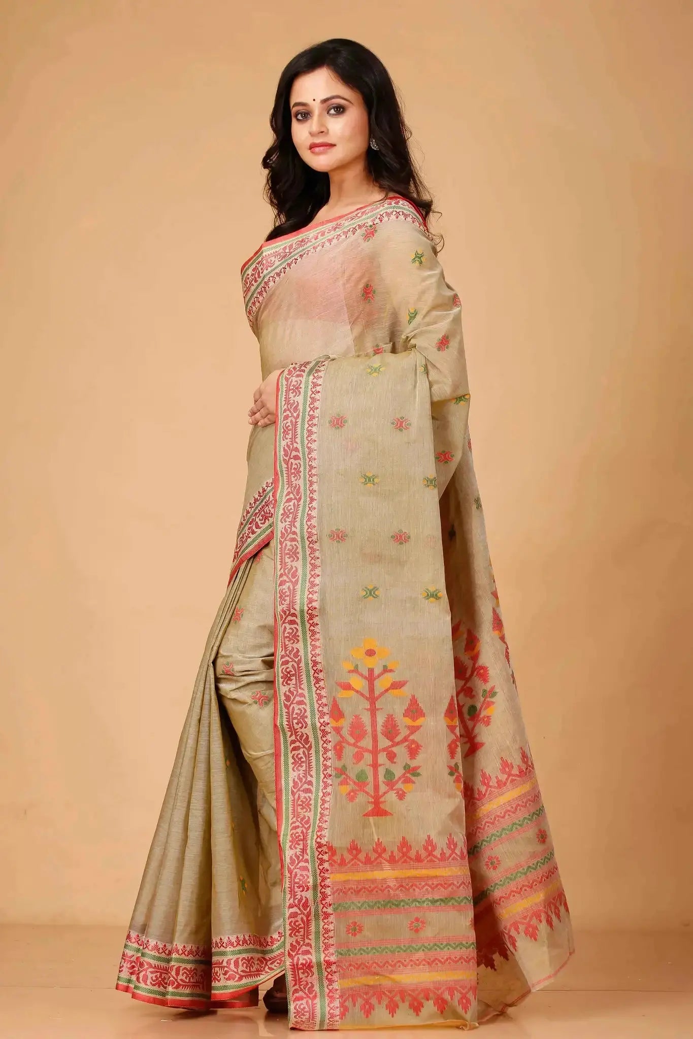 Rodeo Dust- Pure Cotton Bengal Handloom Festive Wear Traditional Indian Saree