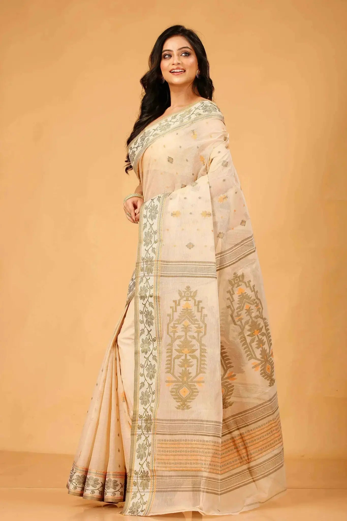 Rose Gold- Bengal Handloom Cotton Tant Saree With Traditional Motifs