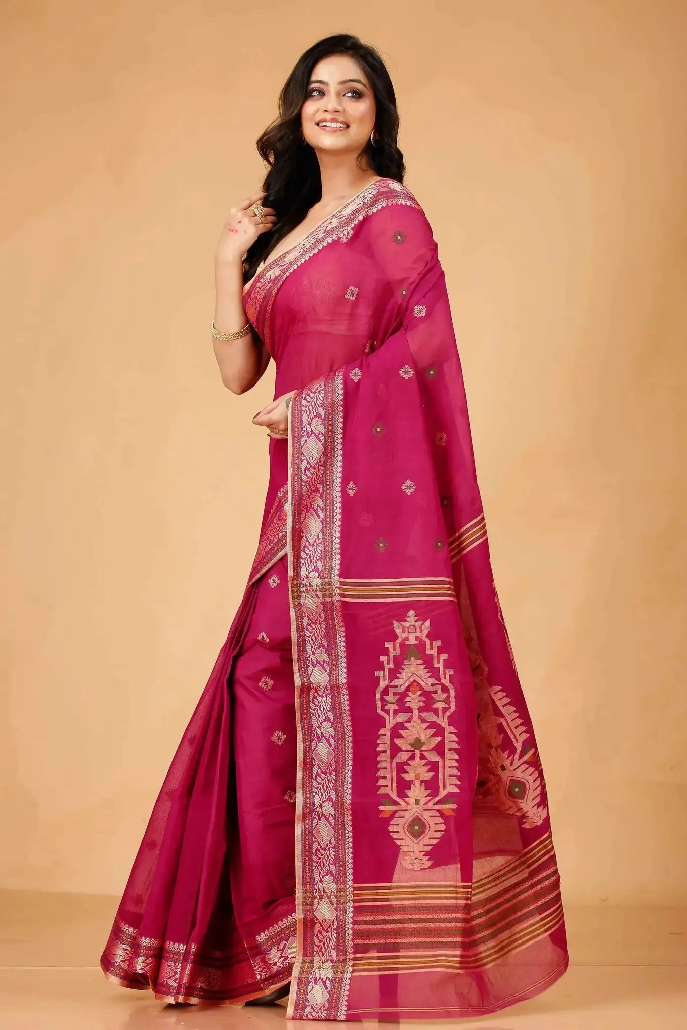Rose Red- Bengal Handloom Cotton Tant Saree Traditional, Lightweight & Breathable