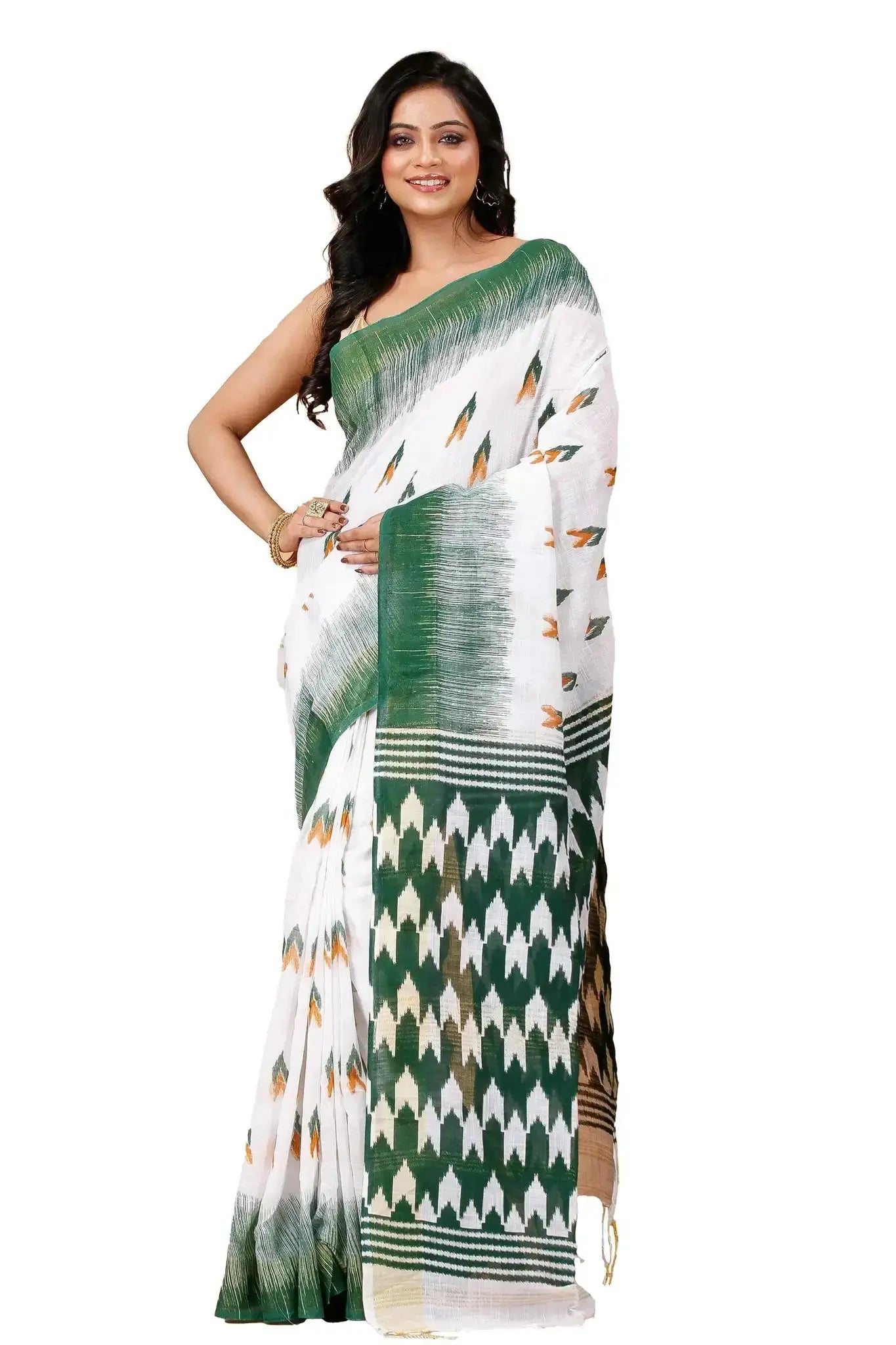 White & Green Handwoven Ikat Linen Saree With Geometric Pattern