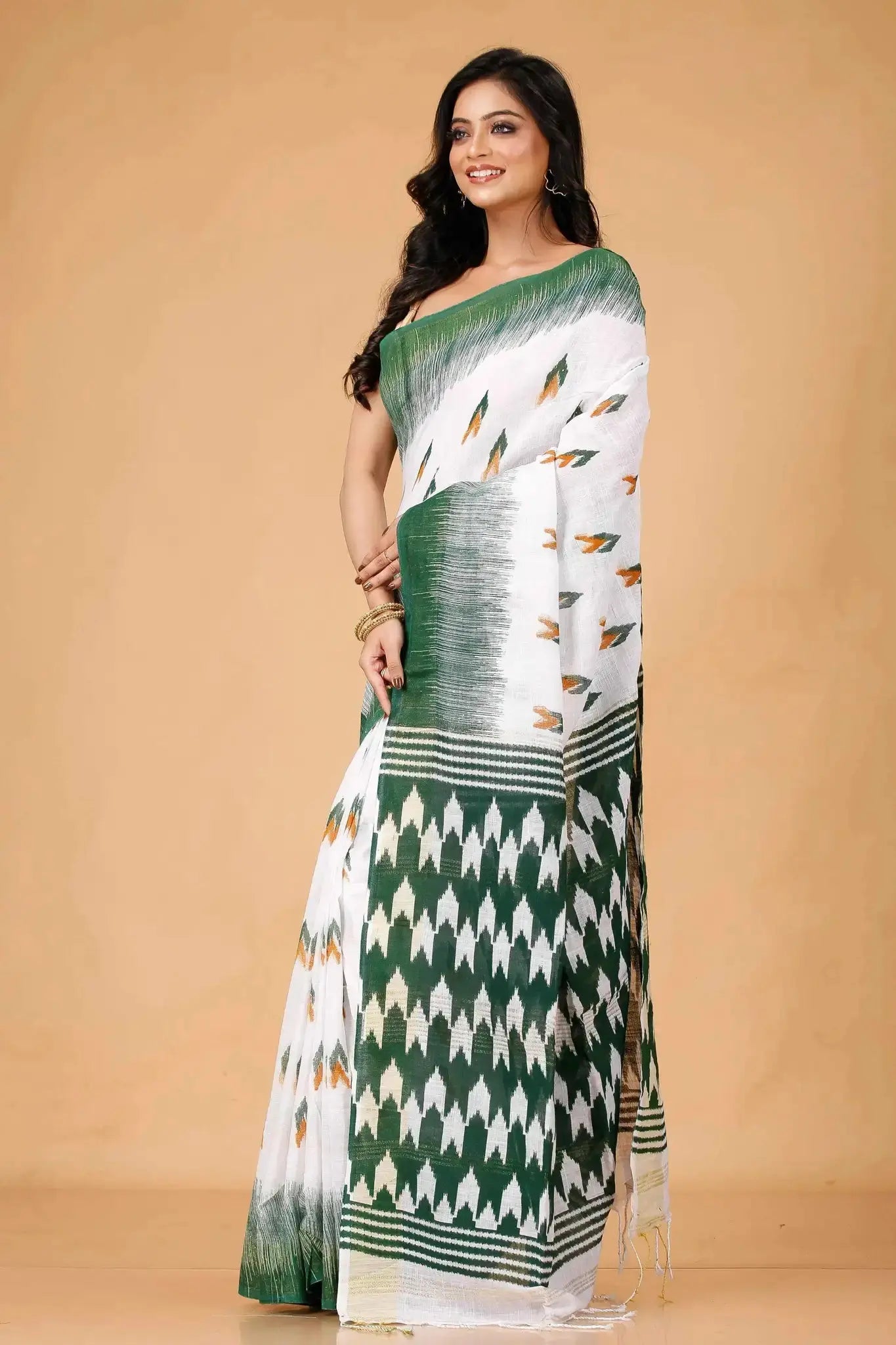 White & Green Handwoven Ikat Linen Saree With Geometric Pattern