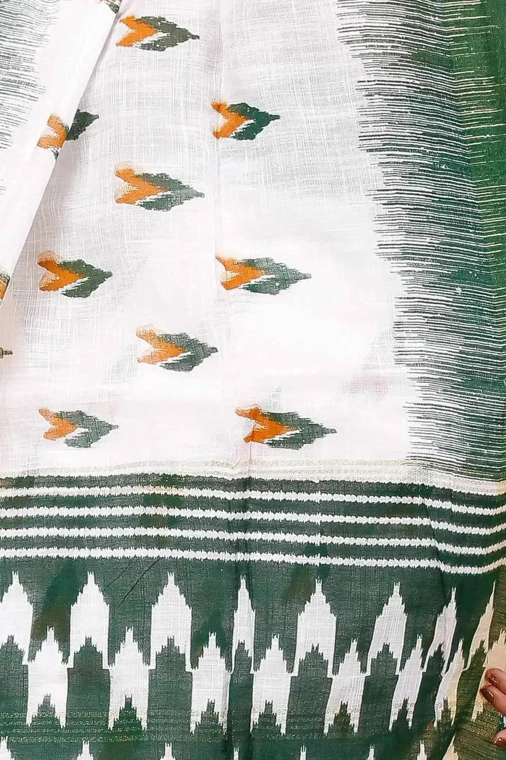 White & Green Handwoven Ikat Linen Saree With Geometric Pattern