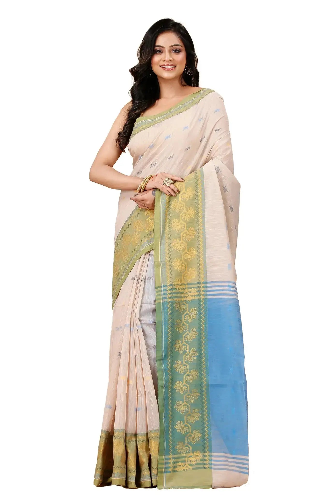 Moon Mist- Bellu Cotton Handloom Saree With Contrast Border and Blouse Piece - Grivana