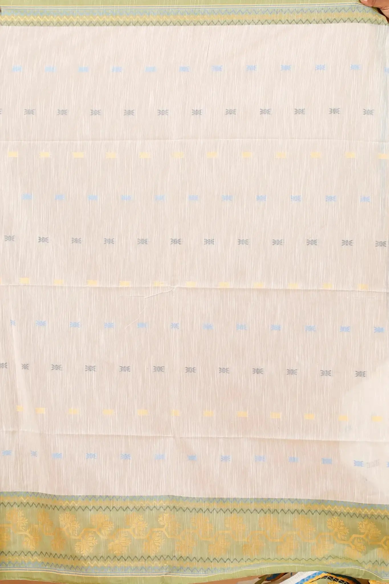 White- Bellu Cotton Handloom Woven Motifs Green Pallu Saree With Blouse - Grivana