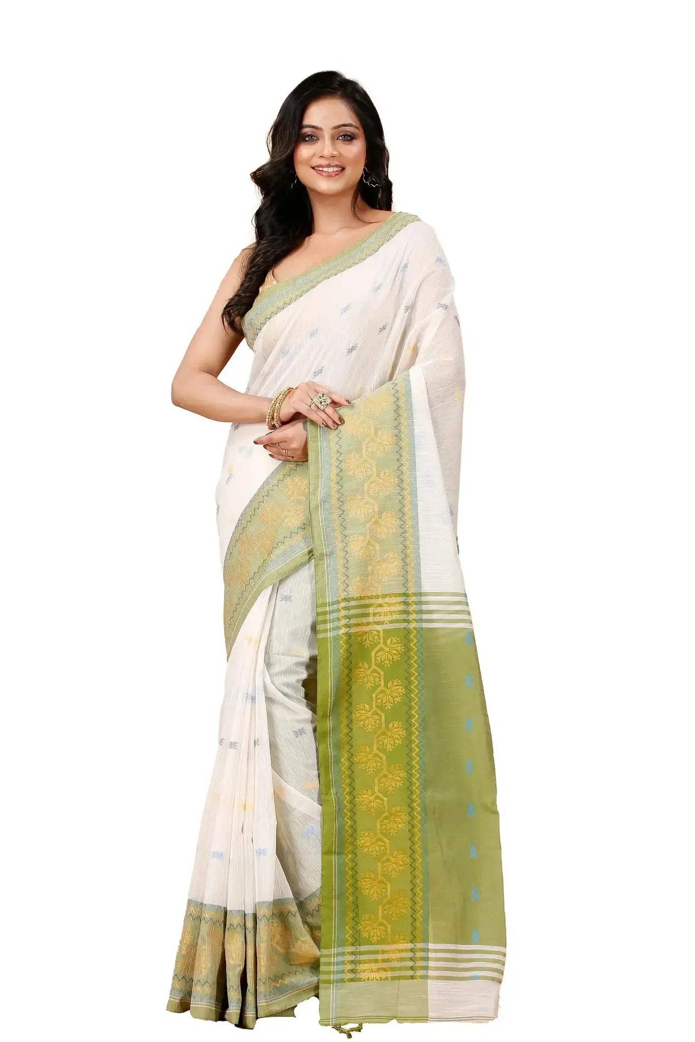 White- Bellu Cotton Handloom Woven Motifs Green Pallu Saree With Blouse - Grivana