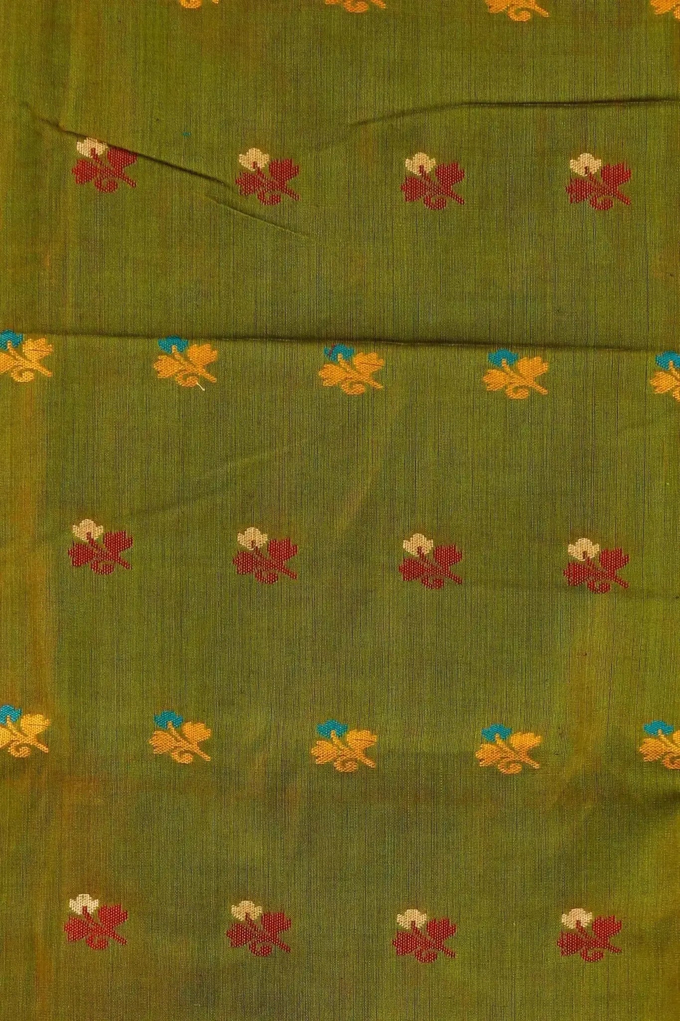 Elegant Olive Green Manipuri Cotton Saree With Mustard Border & Floral Pallu