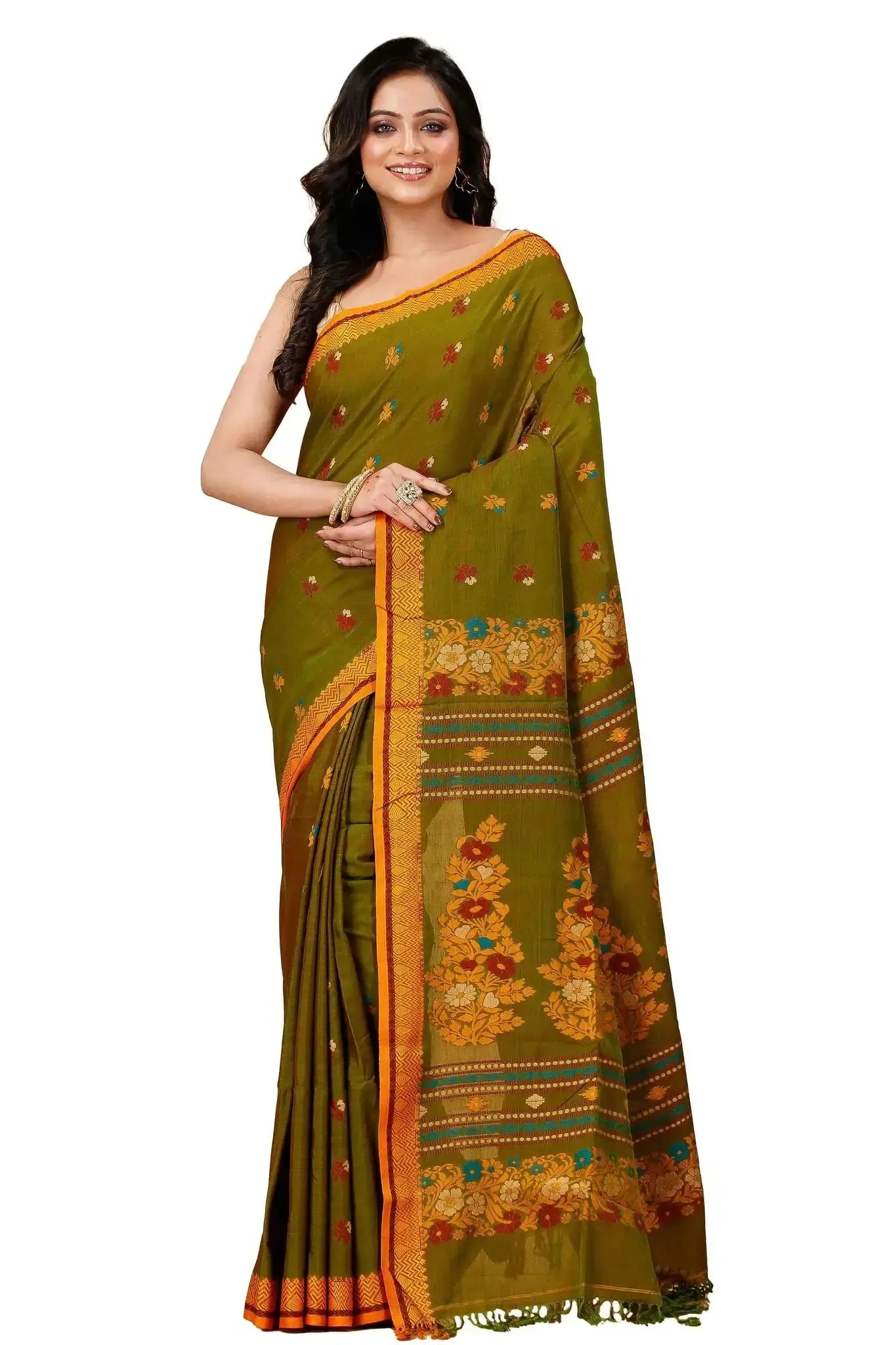 Elegant Olive Green Manipuri Cotton Saree With Mustard Border & Floral Pallu