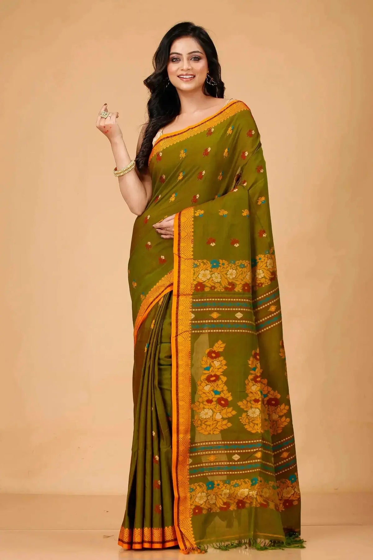 Elegant Olive Green Manipuri Cotton Saree With Mustard Border & Floral Pallu