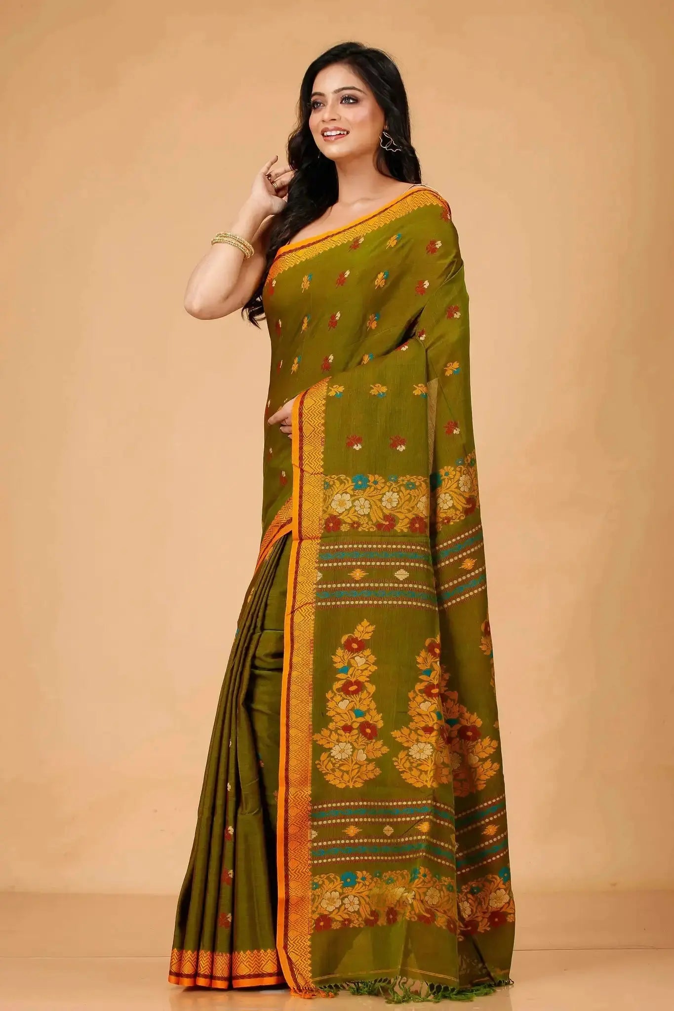 Elegant Olive Green Manipuri Cotton Saree With Mustard Border & Floral Pallu