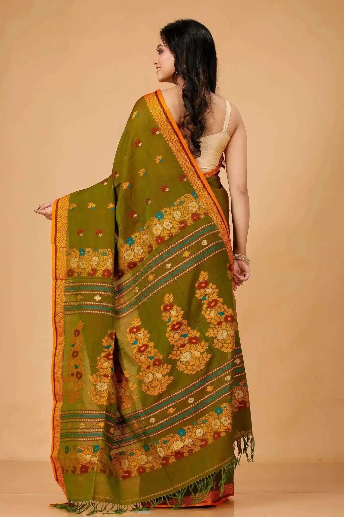 Elegant Olive Green Manipuri Cotton Saree With Mustard Border & Floral Pallu