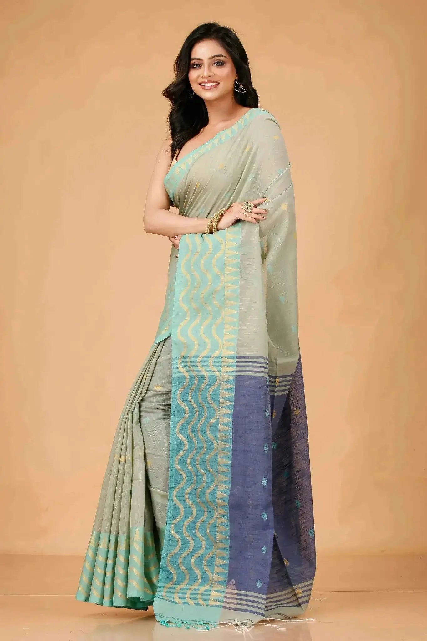 Bellu Cotton Saree – Fancy Mix Design with Blouse Piece Mist Blue