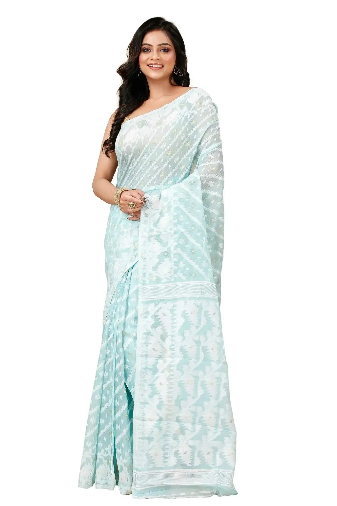 Light Blue- Bengal Handloom Ikat Jamdani Cotton Saree