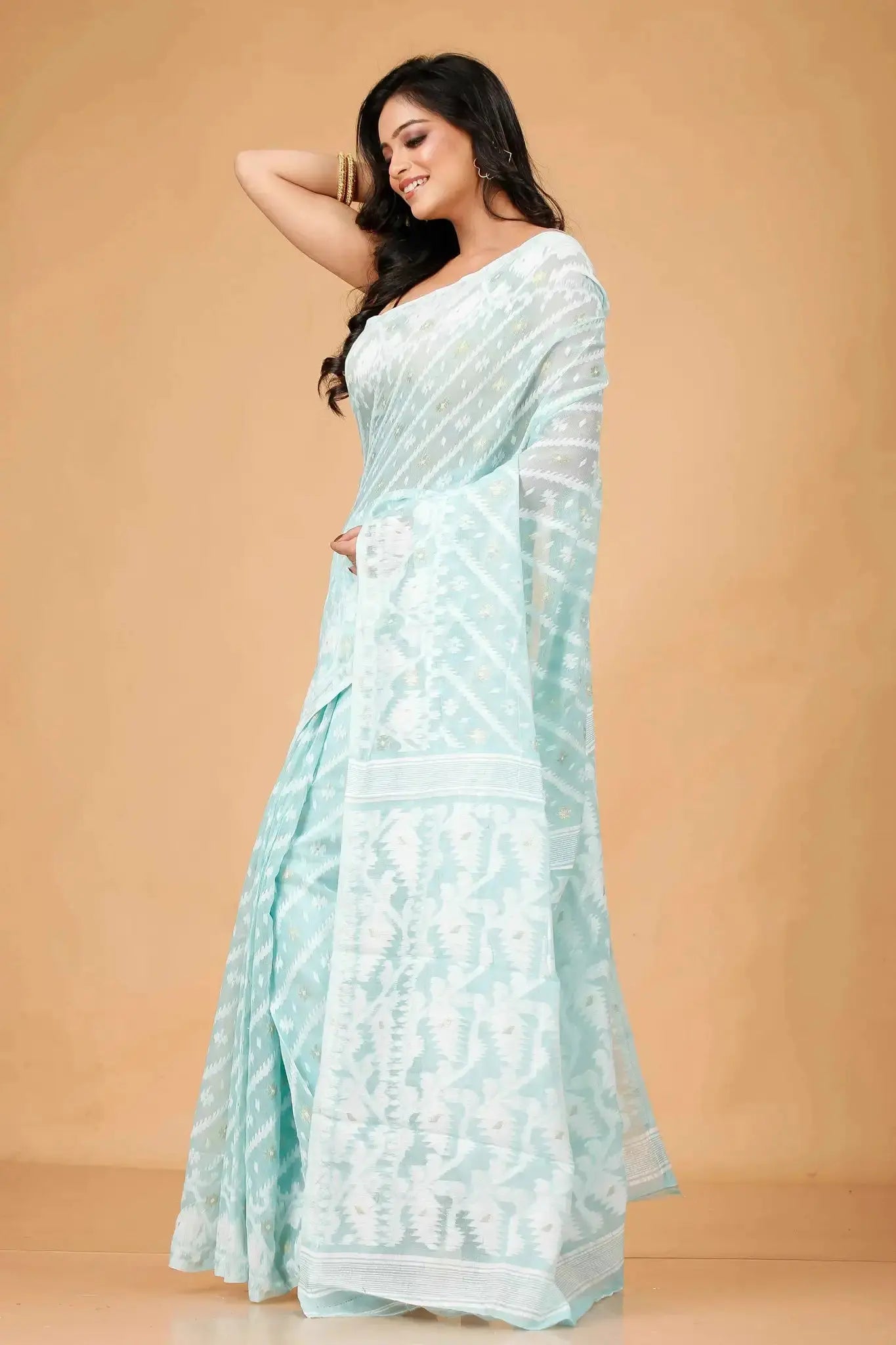 Light Blue- Bengal Handloom Ikat Jamdani Cotton Saree