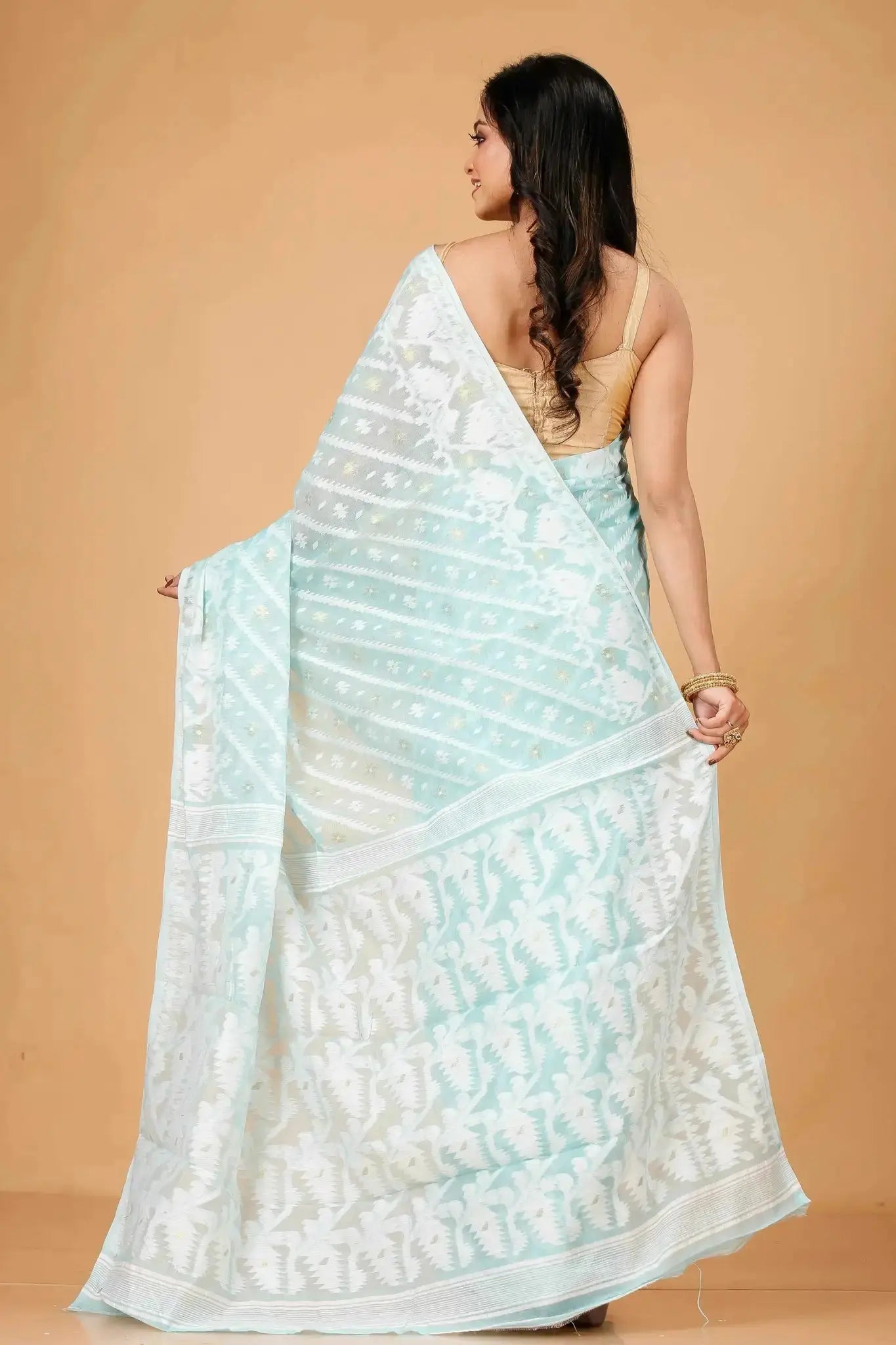 Light Blue- Bengal Handloom Ikat Jamdani Cotton Saree