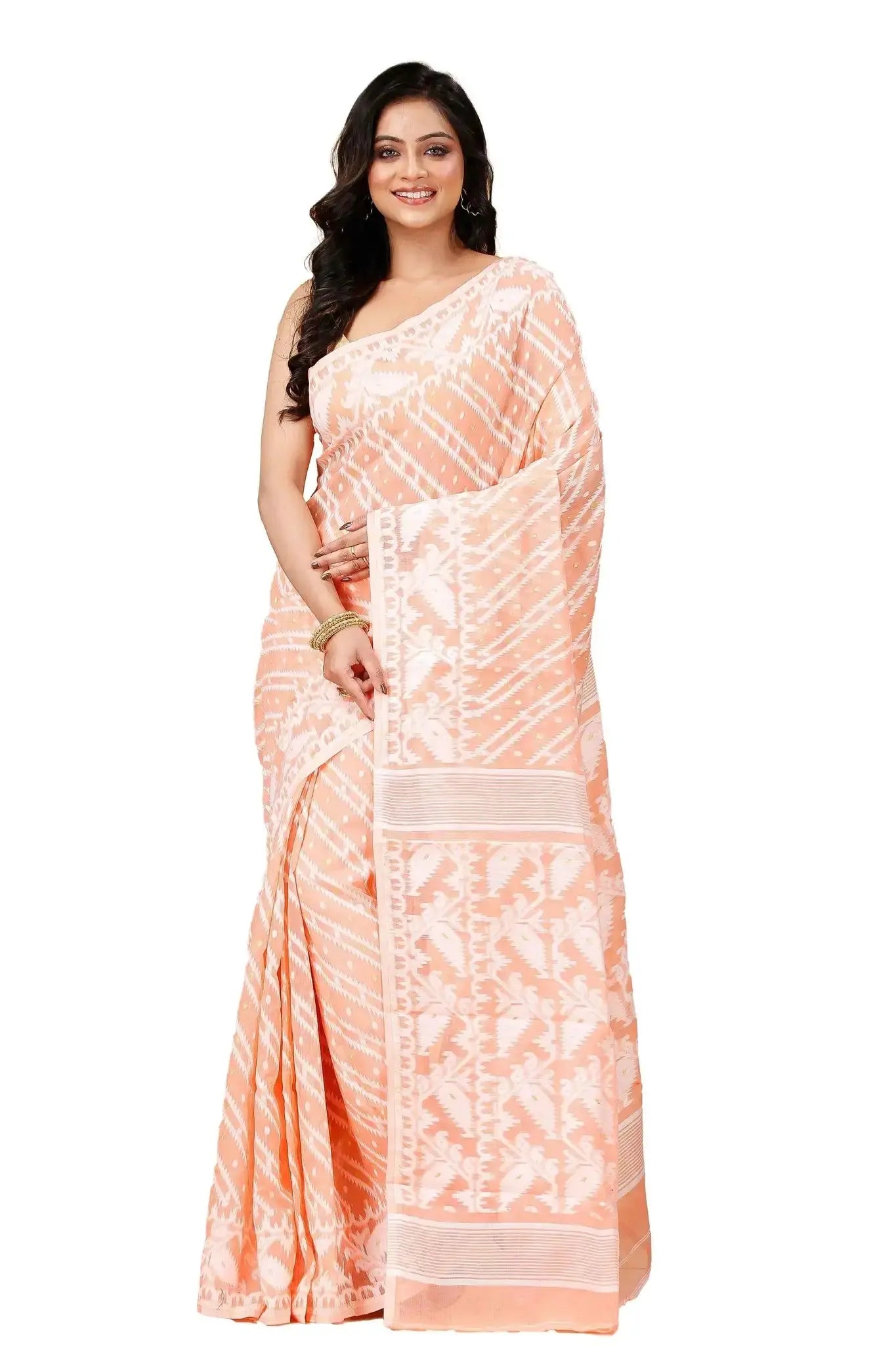 Peach Orange- Bengal Handloom Comfortable Wear Soft Jamdani Saree