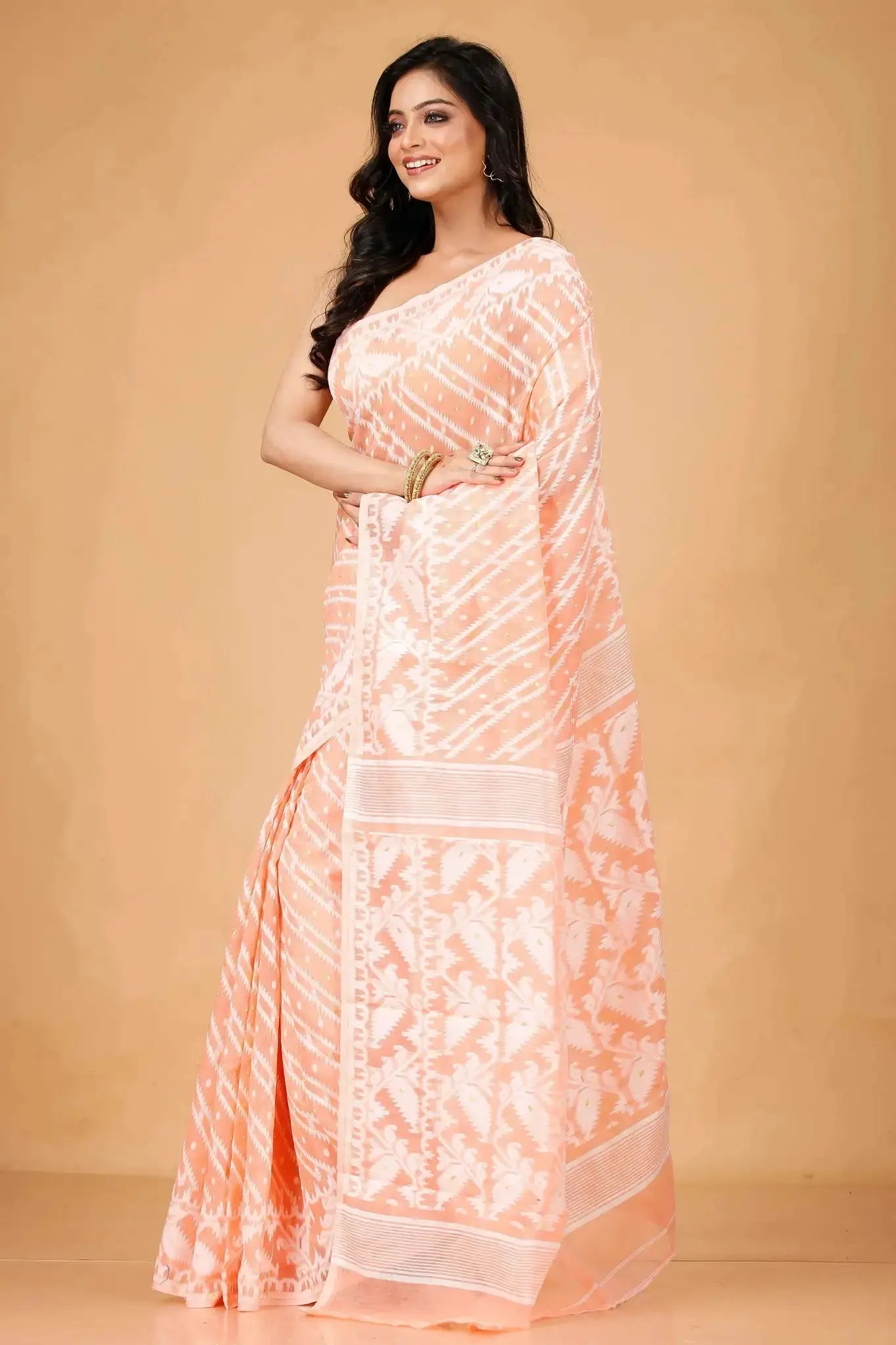 Peach Orange- Bengal Handloom Comfortable Wear Soft Jamdani Saree