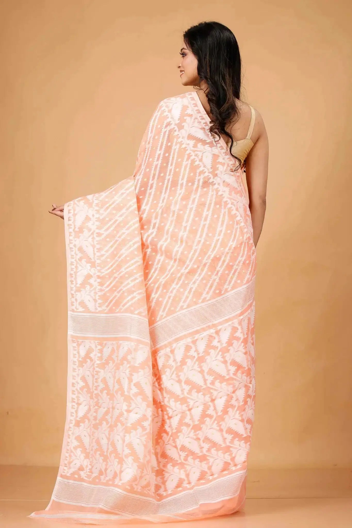 Peach Orange- Bengal Handloom Comfortable Wear Soft Jamdani Saree