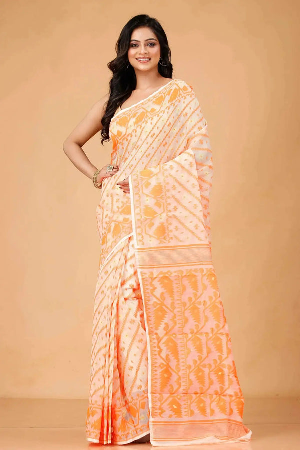 Pale Orange- Bengal Handloom Traditional Wear Soft Jamdani Saree