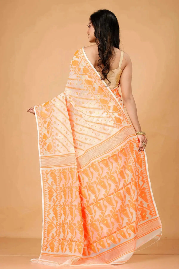 Pale Orange- Bengal Handloom Traditional Wear Soft Jamdani Saree
