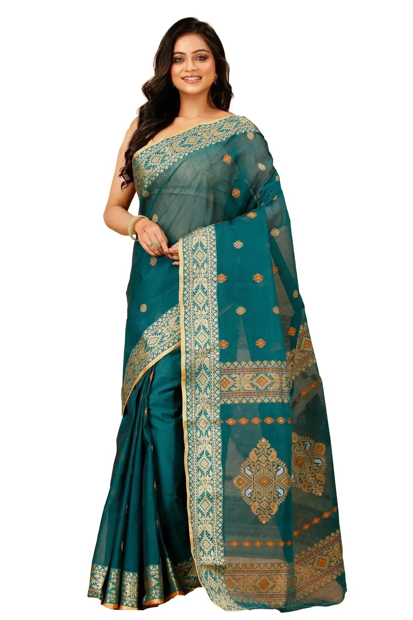 Deep Sea Green- Pure Cotton Bengal Handloom Handwoven Saree With Elegant Pallu