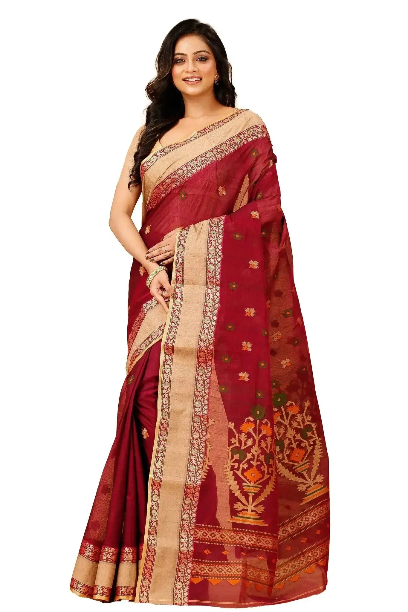 Maroon With Gold Border- Pure Cotton Bengal Handloom Indian Saree