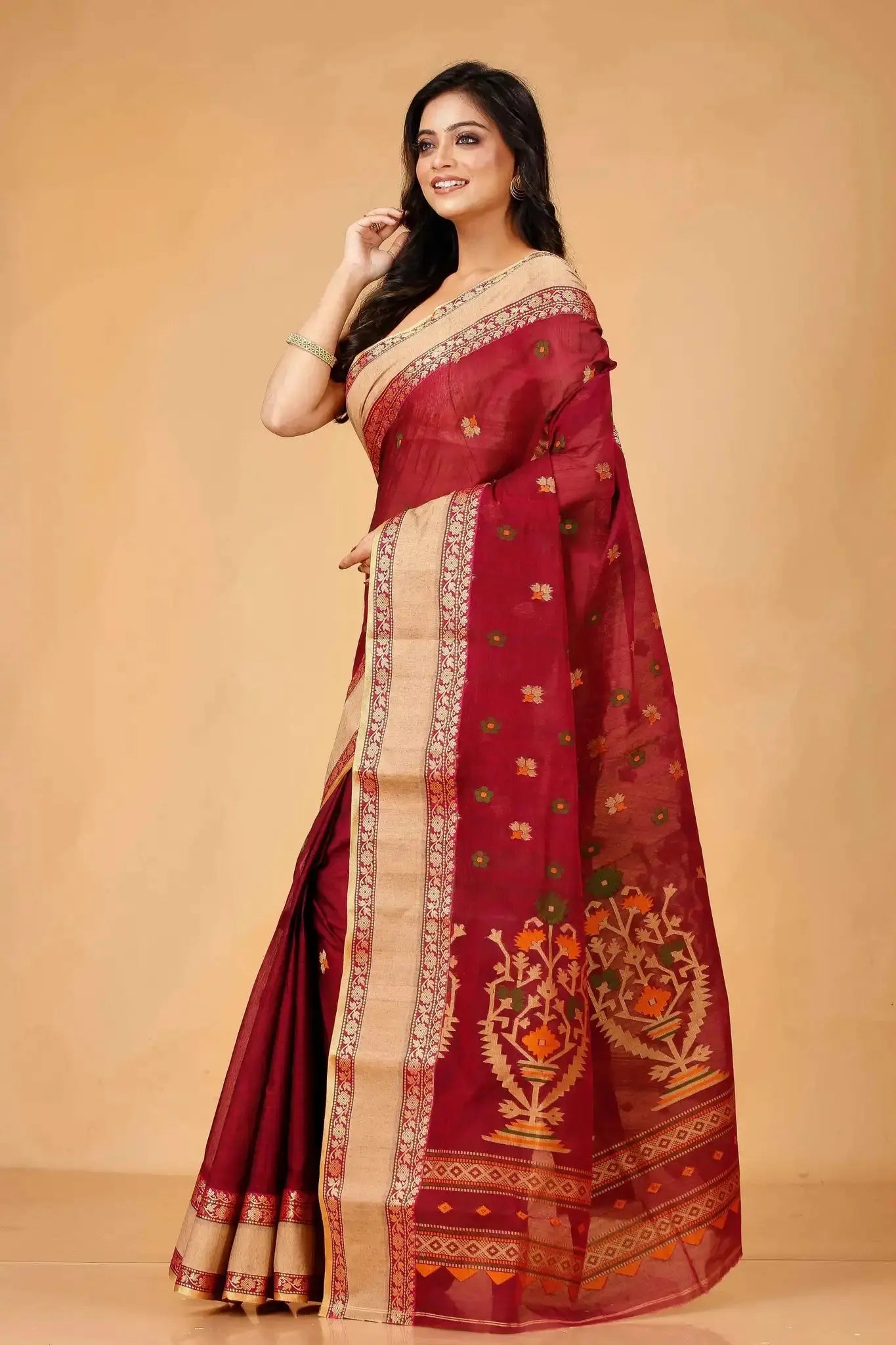 Maroon With Gold Border- Pure Cotton Bengal Handloom Indian Saree