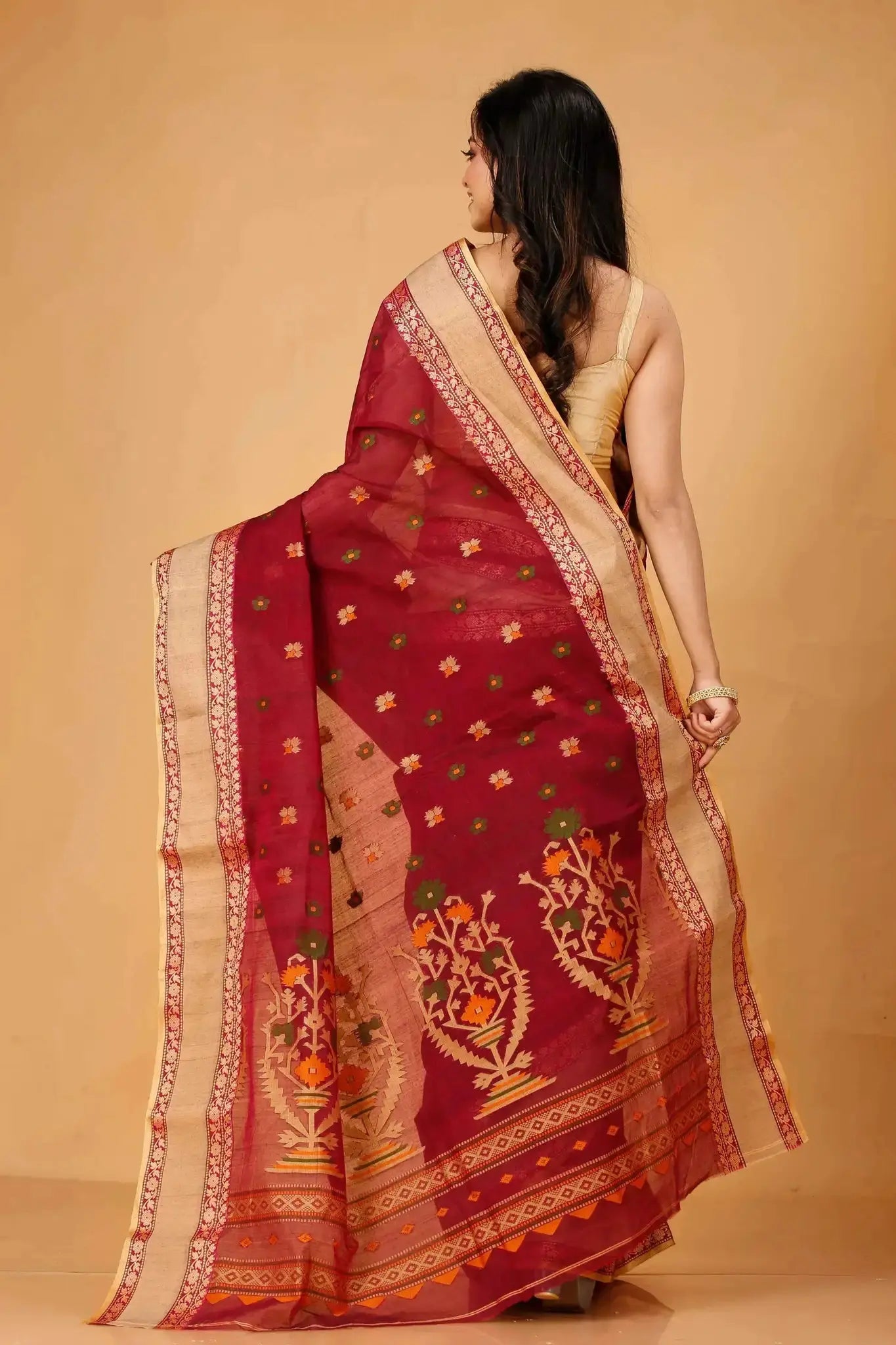 Maroon With Gold Border- Pure Cotton Bengal Handloom Indian Saree