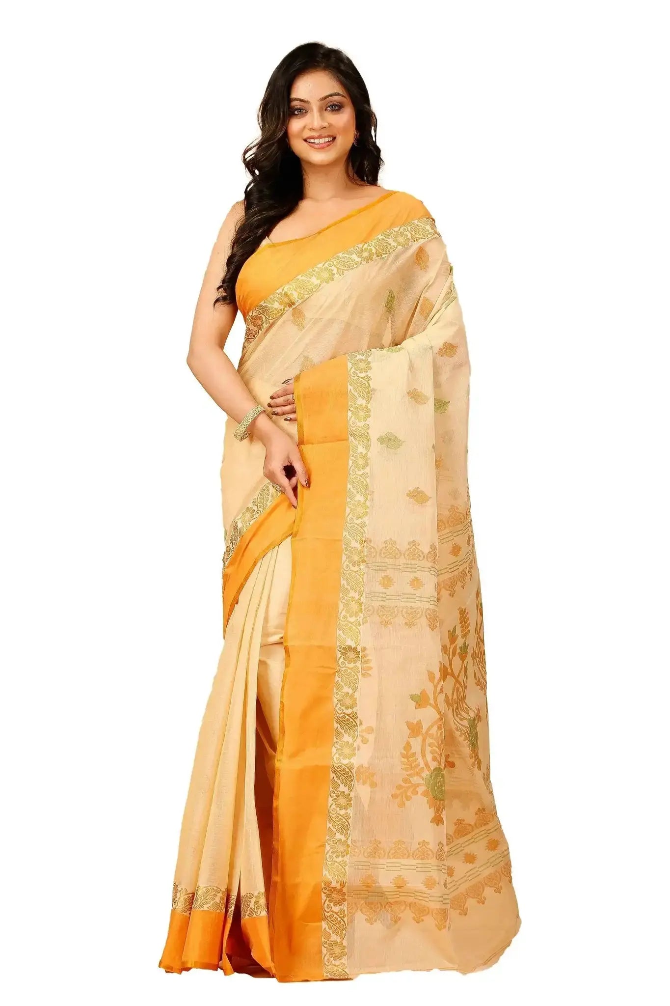 Peach Orange- Pure Cotton Bengal Handloom Traditional Design With Rich Pallu